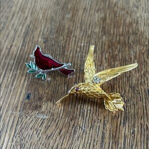 Gold and Red Bird Brooch Set